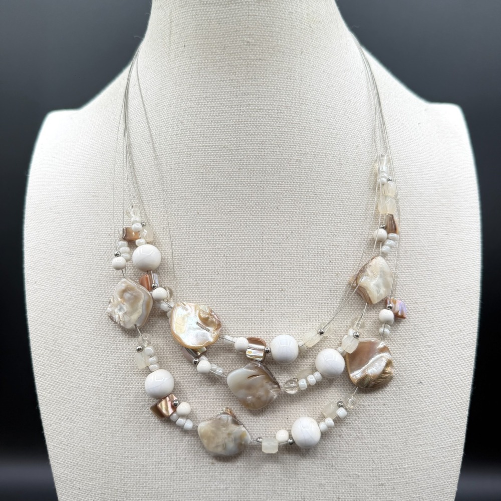 Multi Strand Mother of Pearl Shell White Bead Necklace Silver Tone Statement